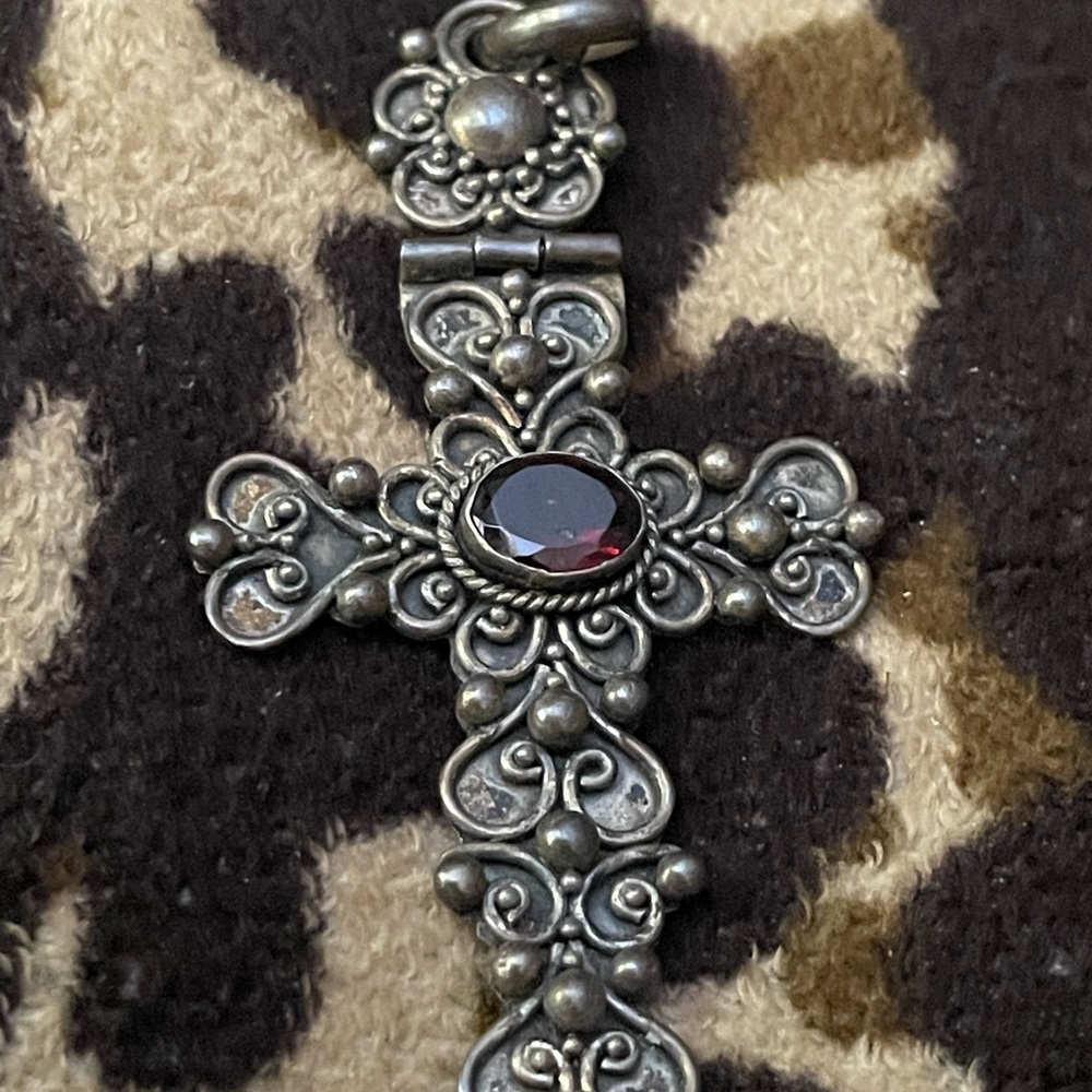 Elegant Unique Silver Cross Necklace with Red Gemstone Vintage